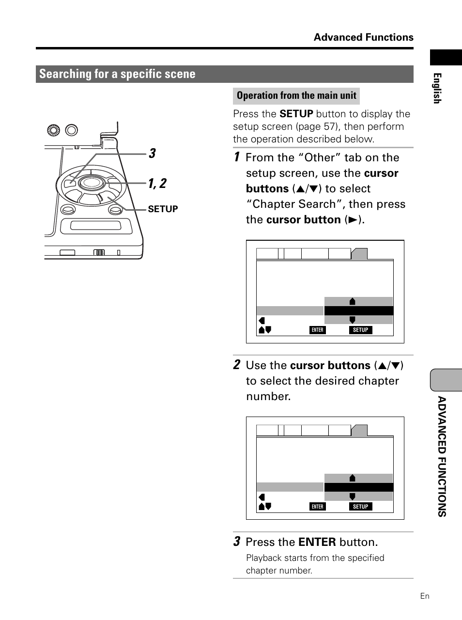 Searching for a specific scene, Press the enter button, Advanced functions | Adv anced functions english, Operation from the main unit | Pioneer PDV-LC10 User Manual | Page 85 / 128