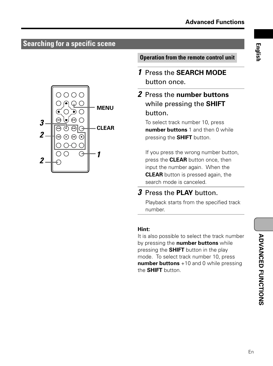 Searching for a specific scene, Press the search mode button once, Press the play button | Pioneer PDV-LC10 User Manual | Page 87 / 128
