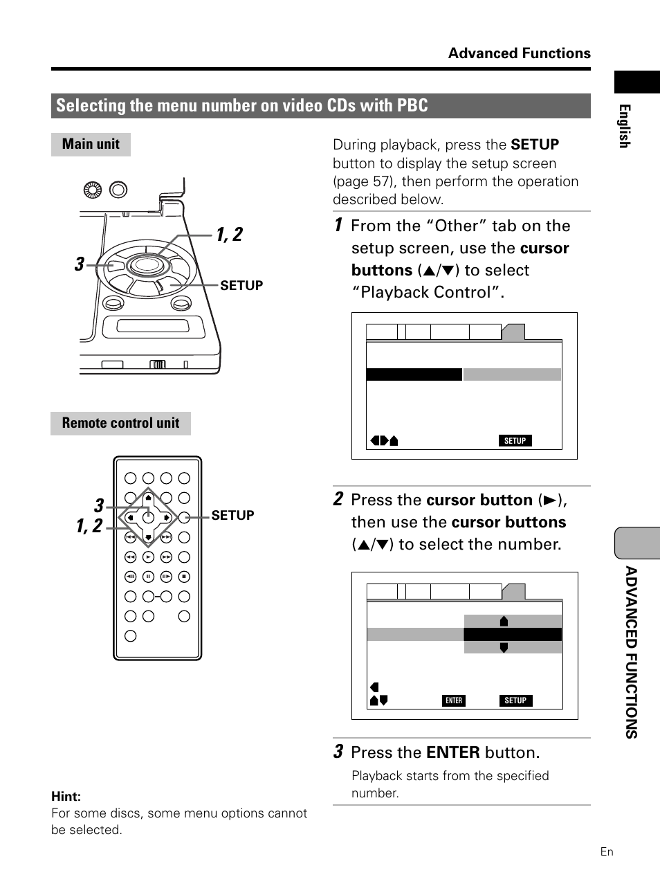 Selecting the menu number on video, Cds with pbc, Selecting the menu number on video cds with pbc | Press the enter button, Advanced functions, Adv anced functions english, Main unit remote control unit | Pioneer PDV-LC10 User Manual | Page 89 / 128