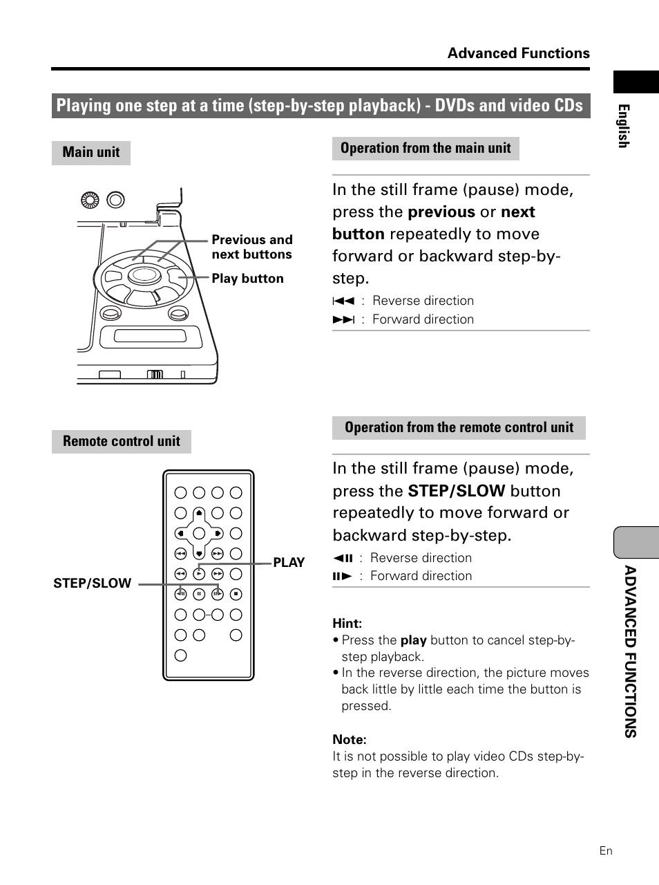 Playing one step at a time, Step-by-step playback), Advanced functions | Adv anced functions english, Operation from the remote control unit | Pioneer PDV-LC10 User Manual | Page 91 / 128