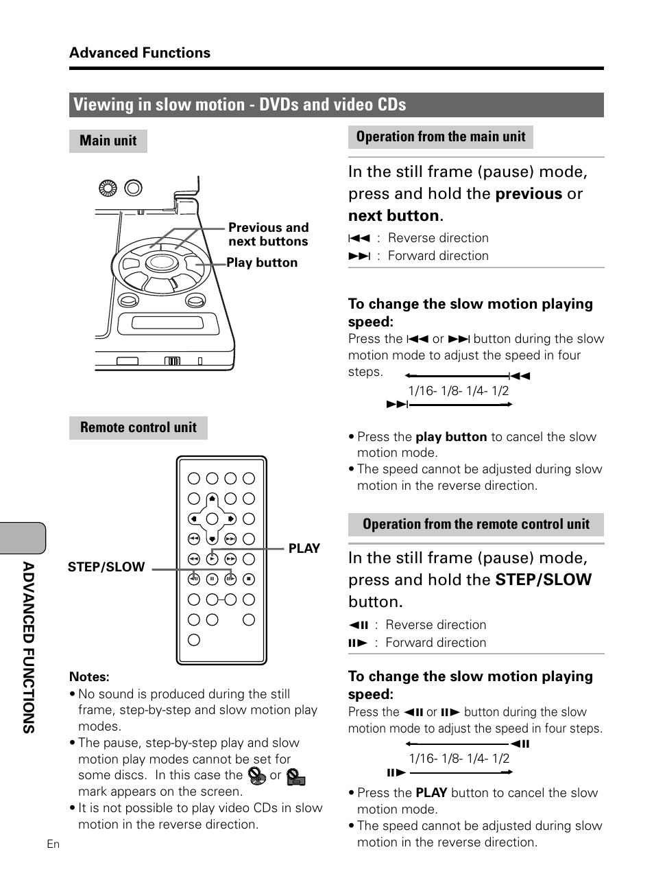 Viewing in slow motion, Viewing in slow motion - dvds and video cds, Advanced functions | Adv anced functions, Operation from the remote control unit | Pioneer PDV-LC10 User Manual | Page 92 / 128