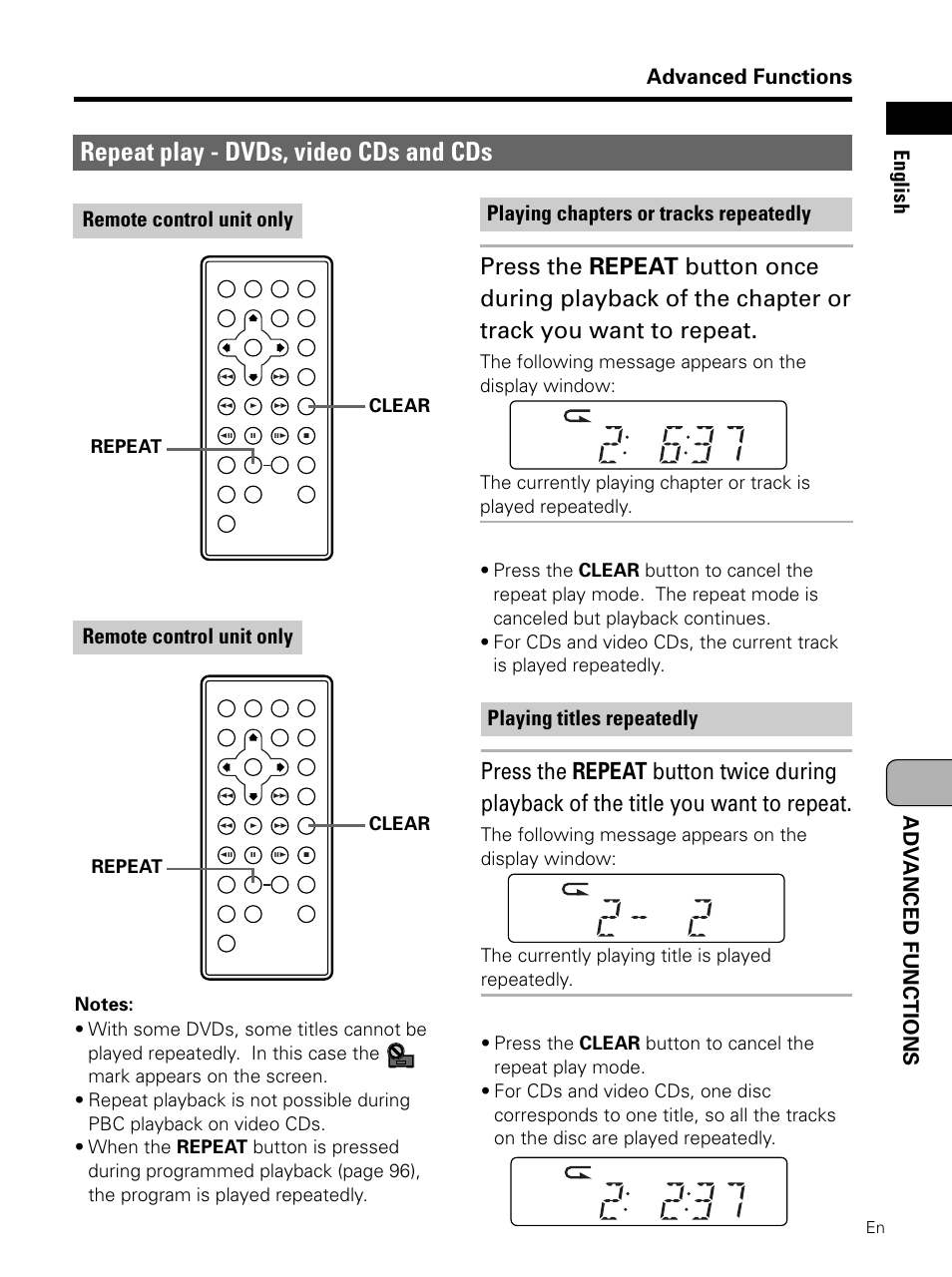 Repeat play, Repeat play - dvds, video cds and cds, Advanced functions | Adv anced functions english, Remote control unit only, Playing titles repeatedly | Pioneer PDV-LC10 User Manual | Page 93 / 128
