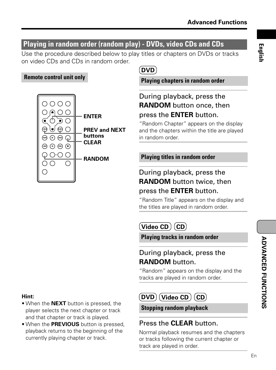 Playing in random order, Random play), During playback, press the random button | Press the clear button | Pioneer PDV-LC10 User Manual | Page 95 / 128