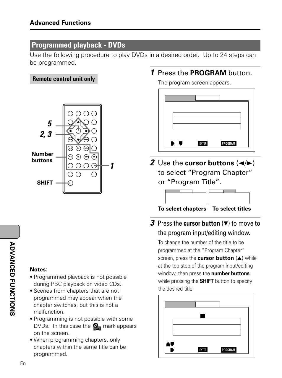 Programmed playback (dvds), Programmed playback - dvds, Press the program button | Advanced functions, Adv anced functions | Pioneer PDV-LC10 User Manual | Page 96 / 128
