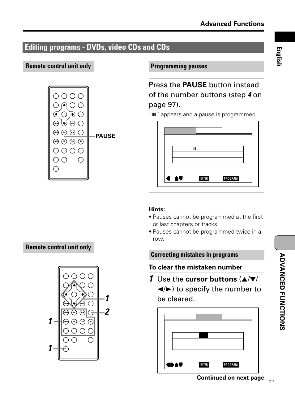 Editing programs, Editing programs - dvds, video cds and cds, On page 97) | Advanced functions, Adv anced functions english, Programming pauses, Remote control unit only | Pioneer PDV-LC10 User Manual | Page 99 / 128