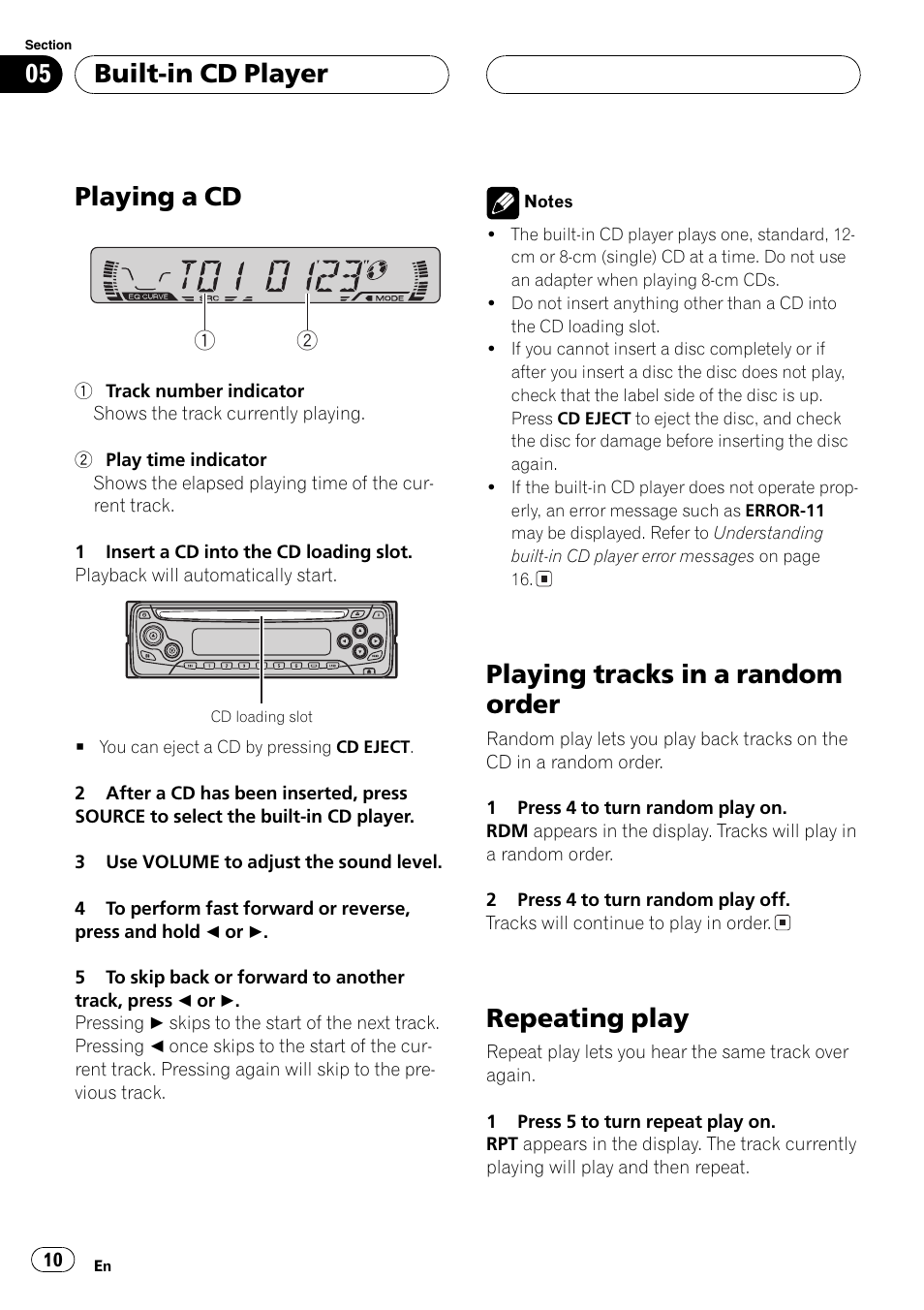 Playing a cd, Playing tracks in a random order, Repeating play | Built-in cd player | Pioneer DEH-1600 User Manual | Page 10 / 56