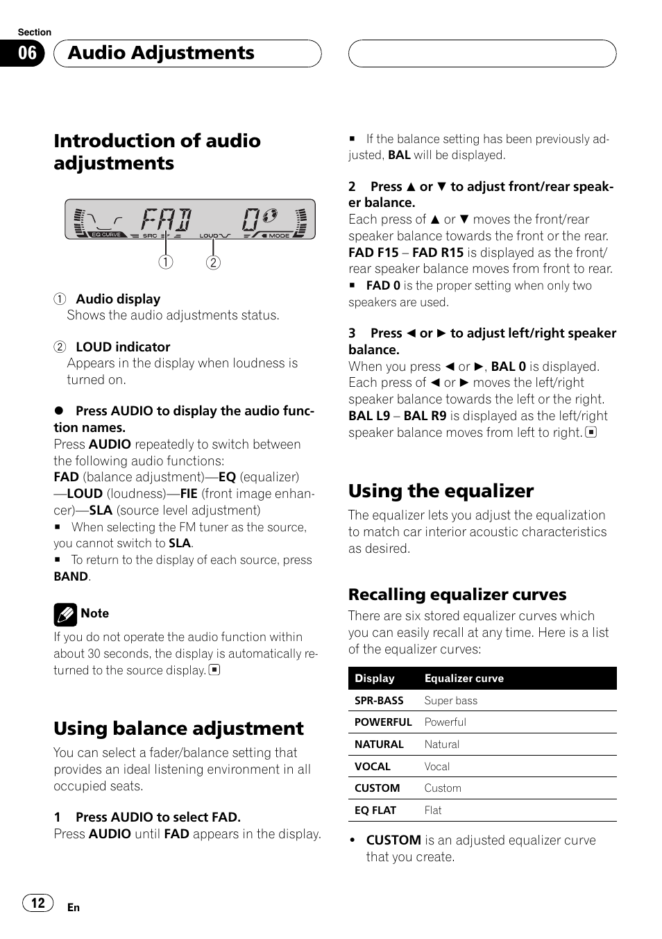 Recalling equalizer curves 12, Introduction of audio adjustments, Using balance adjustment | Using the equalizer, Audio adjustments, Recalling equalizer curves | Pioneer DEH-1600 User Manual | Page 12 / 56