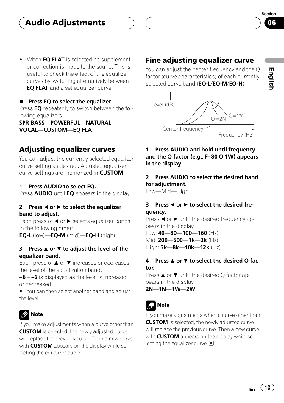 Adjusting equalizer curves 13, Fine adjusting equalizer curve 13, Audio adjustments | Adjusting equalizer curves, Fine adjusting equalizer curve | Pioneer DEH-1600 User Manual | Page 13 / 56