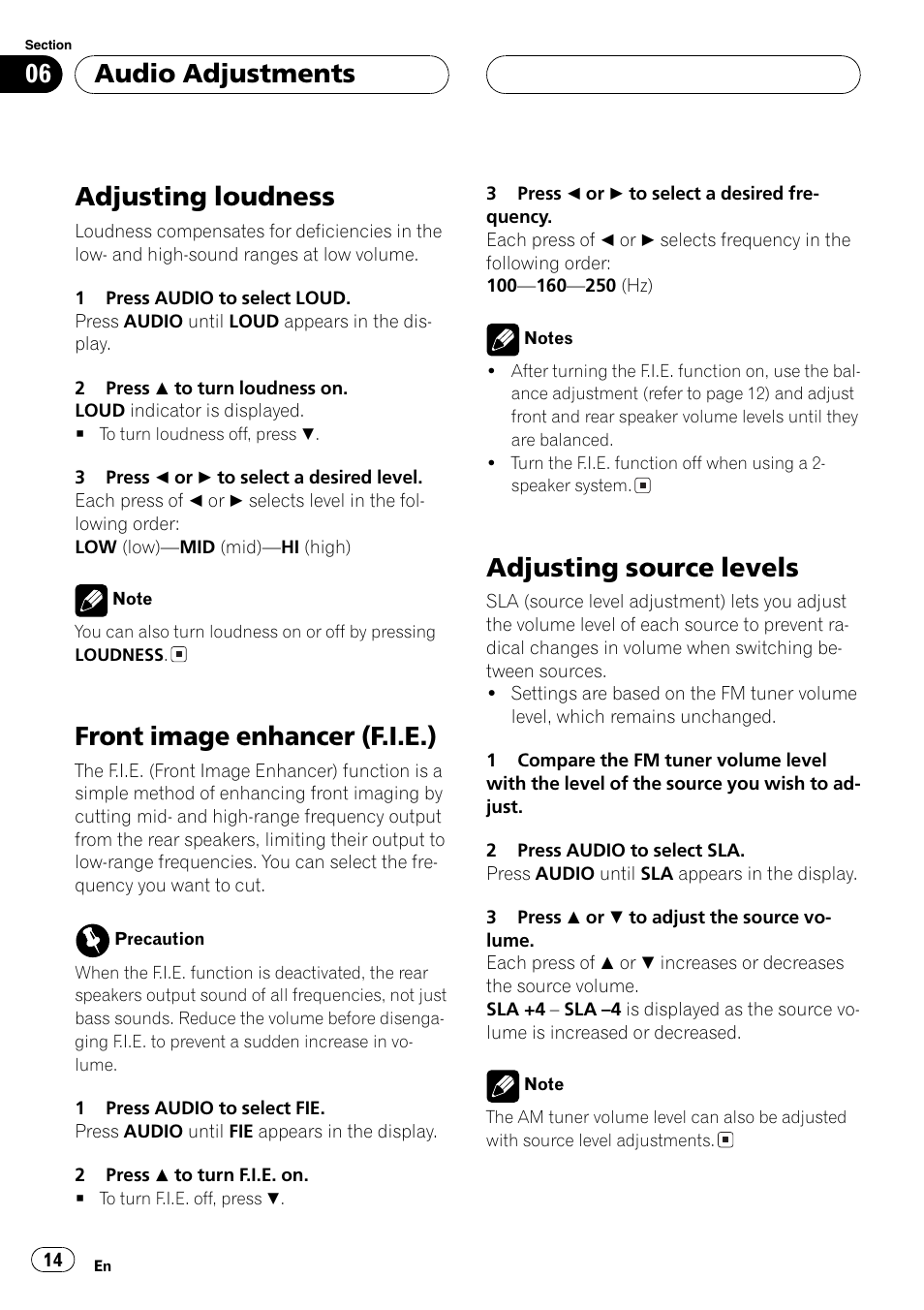 Adjusting loudness, Front image enhancer (f.i.e.), Adjusting source levels | Audio adjustments | Pioneer DEH-1600 User Manual | Page 14 / 56