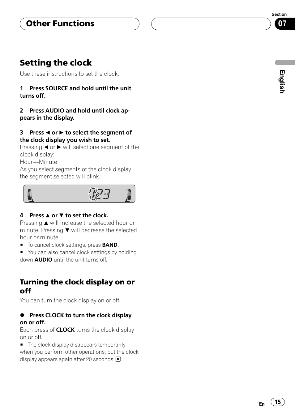 Other functions setting the clock 15, Turning the clock display on or off 15, Setting the clock | Other functions | Pioneer DEH-1600 User Manual | Page 15 / 56