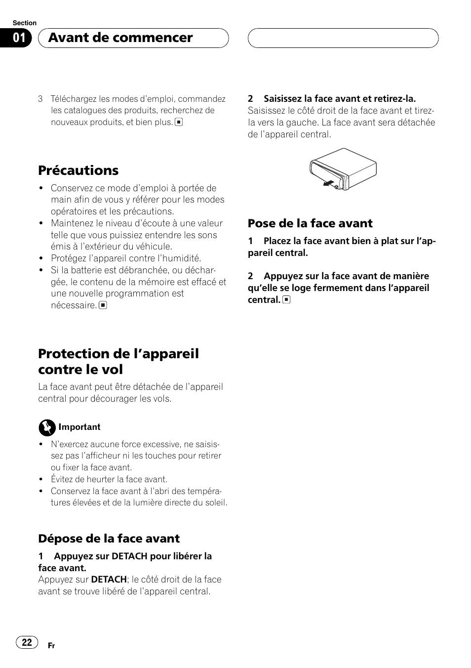Dépose de la face avant 22, Pose de la face avant 22, Précautions | Protection de lappareil contre le vol, Avant de commencer | Pioneer DEH-1600 User Manual | Page 22 / 56
