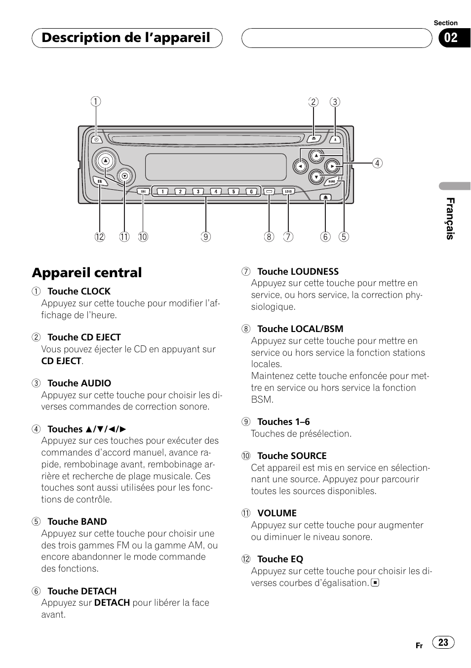 Description de lappareil appareil central 23, Appareil central, Description de lappareil | Pioneer DEH-1600 User Manual | Page 23 / 56