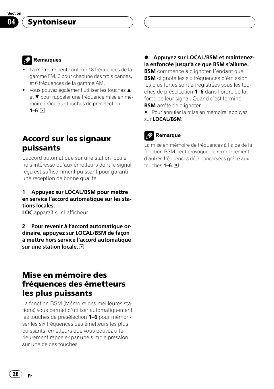 Émetteurs les plus puissants 26, Accord sur les signaux puissants, Syntoniseur | Pioneer DEH-1600 User Manual | Page 26 / 56