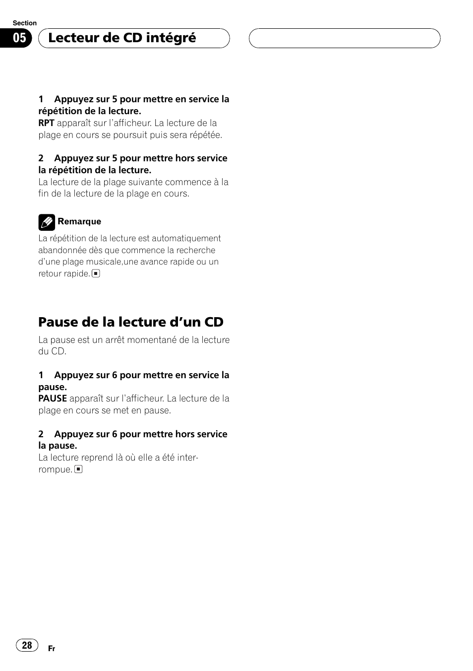 Pause de la lecture dun cd 28, Pause de la lecture dun cd, Lecteur de cd intégré | Pioneer DEH-1600 User Manual | Page 28 / 56