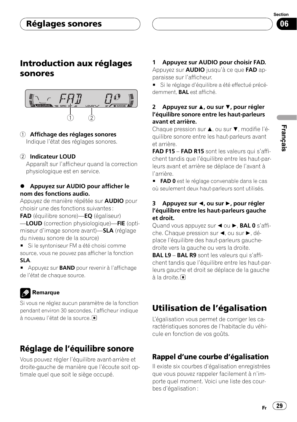 Rappel dune courbe, Dégalisation 29, Introduction aux réglages sonores | Réglage de léquilibre sonore, Utilisation de légalisation, Réglages sonores | Pioneer DEH-1600 User Manual | Page 29 / 56