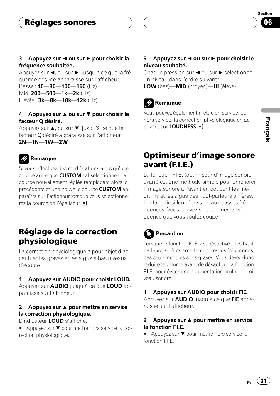 Réglage de la correction physiologique, Optimiseur dimage sonore avant (f.i.e.), Réglages sonores | Pioneer DEH-1600 User Manual | Page 31 / 56