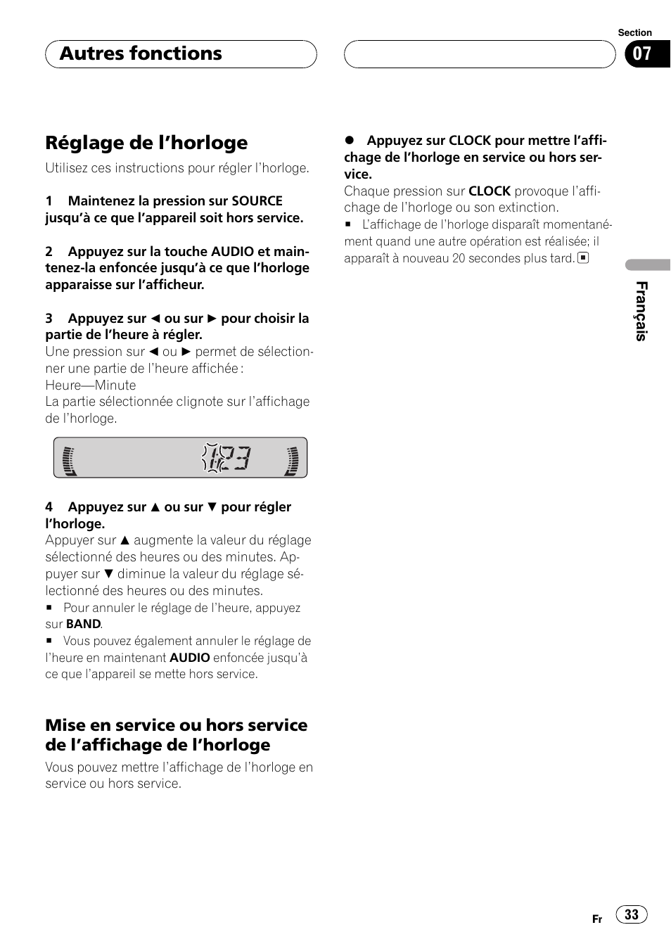 Autres fonctions réglage de lhorloge 33, Mise en service ou hors service de, Laffichage de lhorloge 33 | Réglage de lhorloge, Autres fonctions | Pioneer DEH-1600 User Manual | Page 33 / 56
