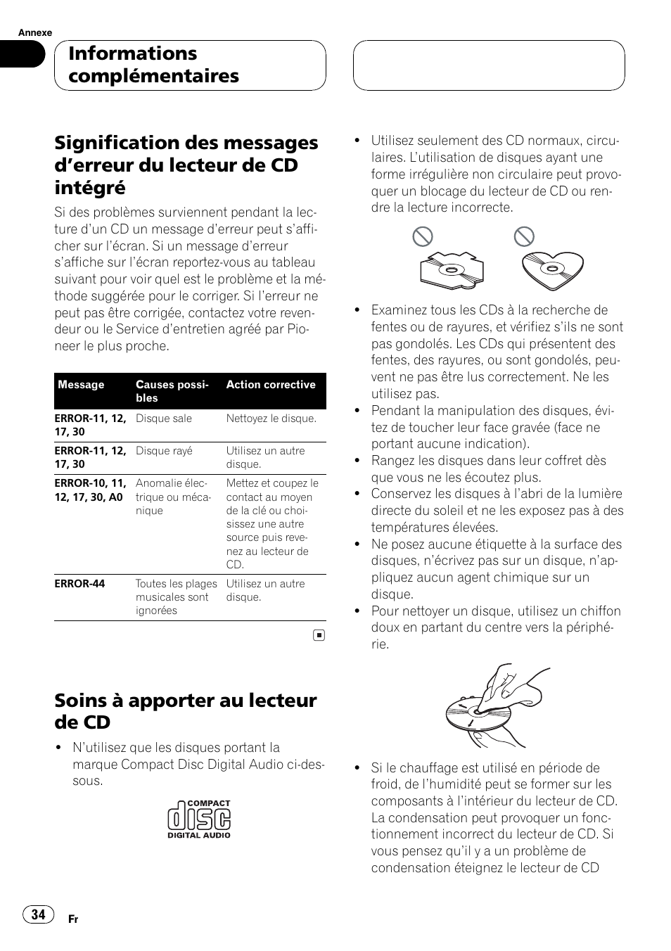 Lecteur de cd intégré 34, Soins à apporter au lecteur de cd 34, Soins à apporter au lecteur de cd | Informations complémentaires | Pioneer DEH-1600 User Manual | Page 34 / 56