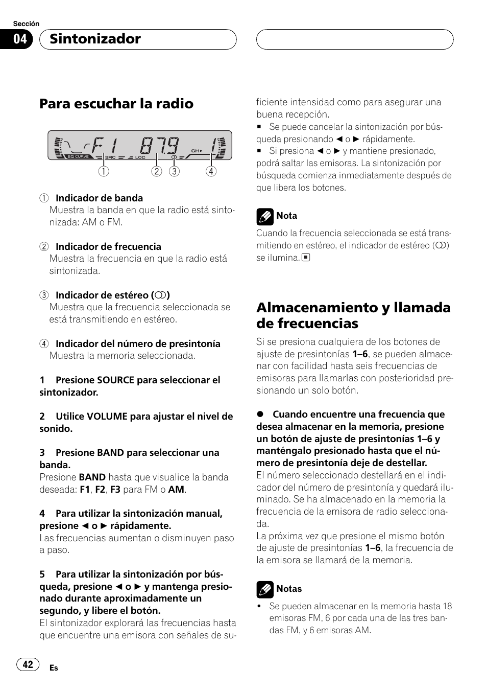 Frecuencias 42, Para escuchar la radio, Almacenamiento y llamada de frecuencias | Sintonizador | Pioneer DEH-1600 User Manual | Page 42 / 56