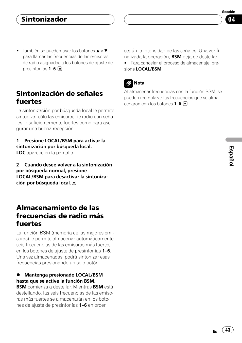 Más fuertes 43, Sintonización de señales fuertes, Sintonizador | Pioneer DEH-1600 User Manual | Page 43 / 56