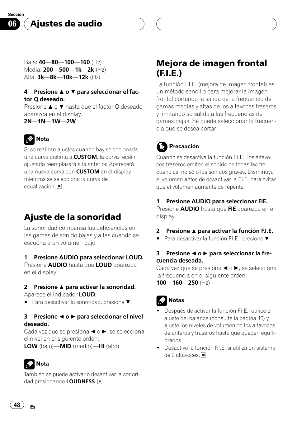 Ajuste de la sonoridad, Mejora de imagen frontal (f.i.e.), Ajustes de audio | Pioneer DEH-1600 User Manual | Page 48 / 56