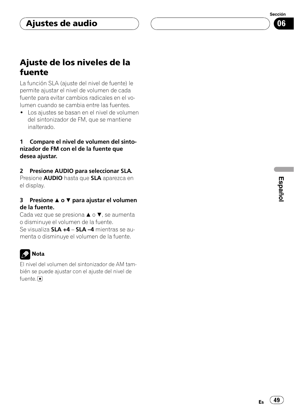 Ajuste de los niveles de la fuente 49, Ajuste de los niveles de la fuente, Ajustes de audio | Pioneer DEH-1600 User Manual | Page 49 / 56
