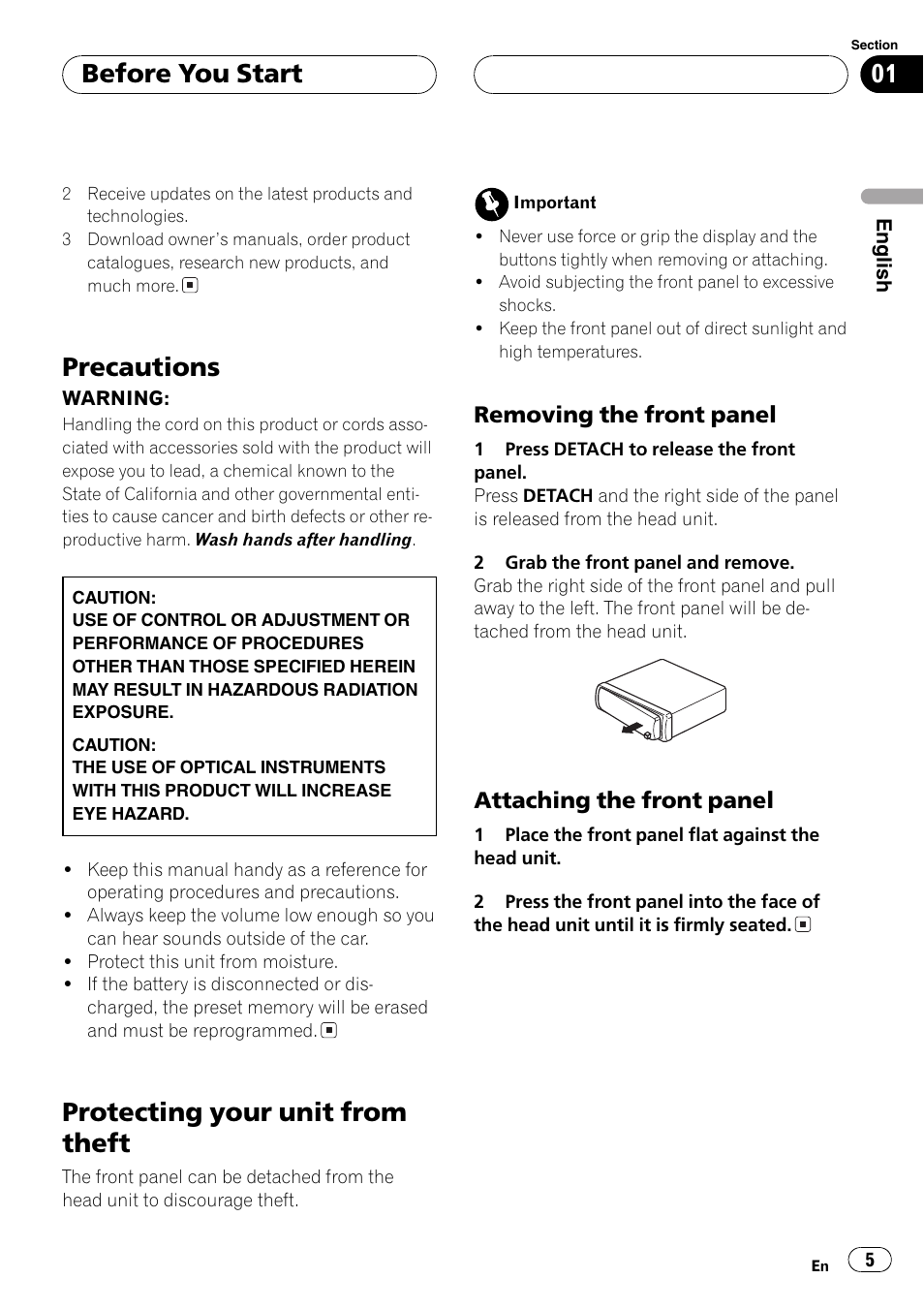 Precautions 5 protecting your unit from theft 5, Removing the front panel 5, Attaching the front panel 5 | Precautions, Protecting your unit from theft, Before you start | Pioneer DEH-1600 User Manual | Page 5 / 56