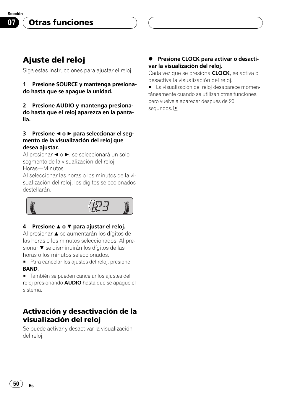 Otras funciones ajuste del reloj 50, Activación y desactivación de la, Visualización del reloj 50 | Ajuste del reloj, Otras funciones | Pioneer DEH-1600 User Manual | Page 50 / 56