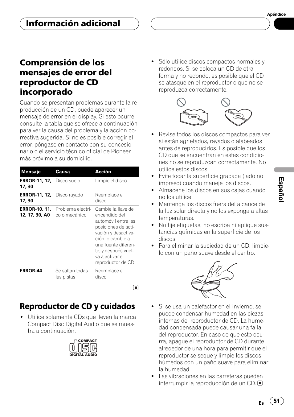 Reproductor de cd incorporado 51, Reproductor de cd y cuidados 51, Reproductor de cd y cuidados | Información adicional | Pioneer DEH-1600 User Manual | Page 51 / 56