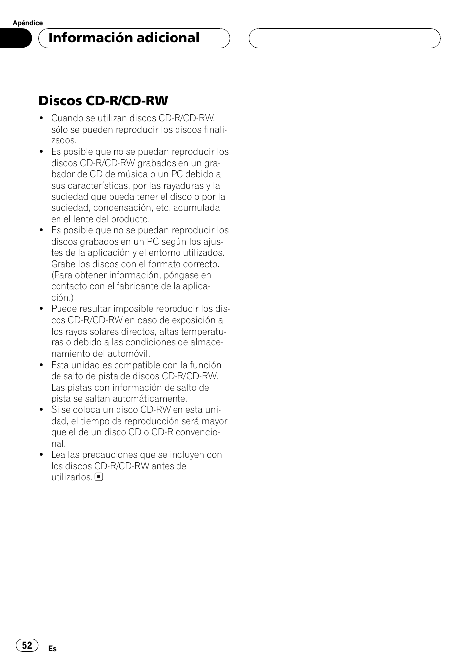 Discos cd-r/cd-rw 52, Discos cd-r/cd-rw, Información adicional | Pioneer DEH-1600 User Manual | Page 52 / 56