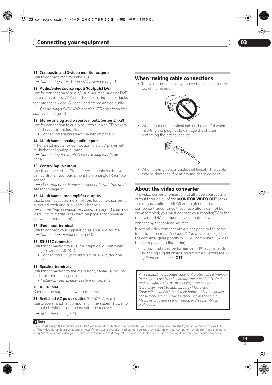 Connecting your equipment 03, When making cable connections, About the video converter | Pioneer 7.1 VSX-AX2AV-S User Manual | Page 11 / 88