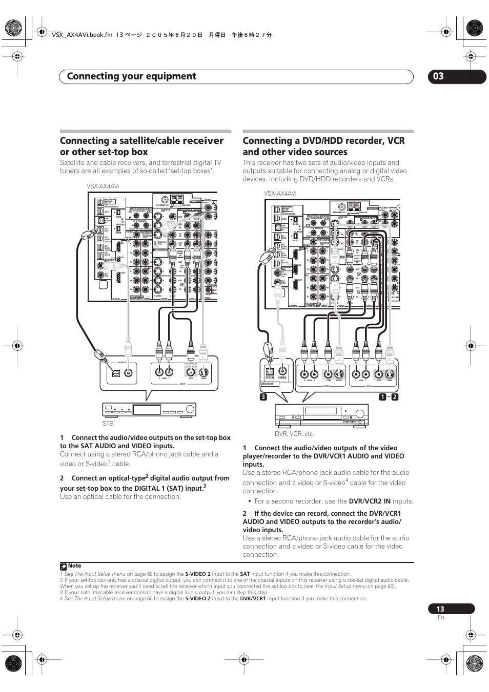 Connecting your equipment 03, Connecting a satellite/cable receiver, Or other set-top box | Cable, 2connect an optical-type, Use an optical cable for the connection, Vcr2 in, Inputs, Stb vsx-ax4avi, Vsx-ax4avi | Pioneer 7.1 VSX-AX2AV-S User Manual | Page 13 / 88
