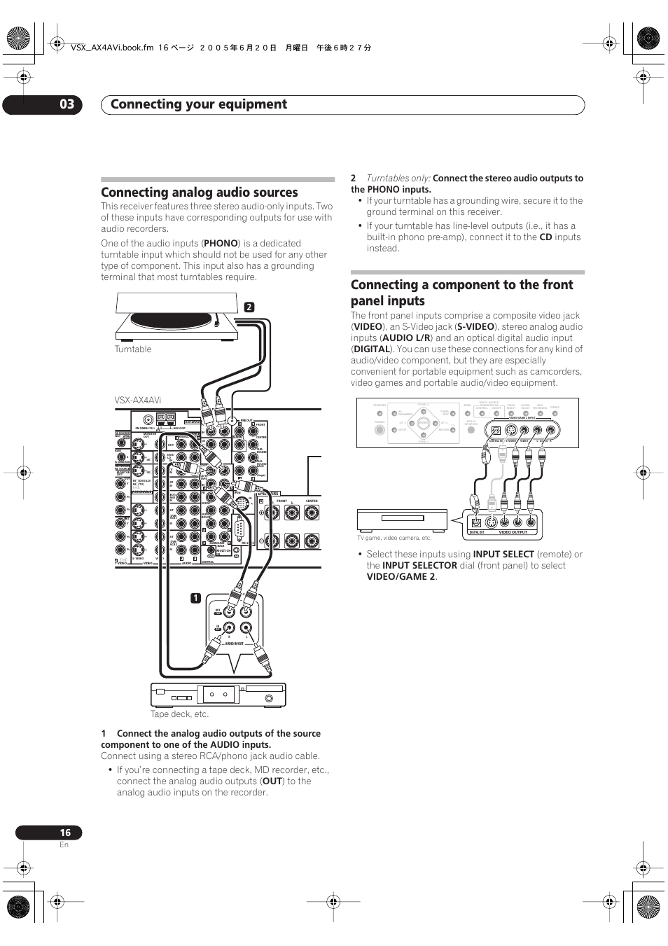 Connecting your equipment 03, Connecting analog audio sources, Connecting a component to the front panel inputs | Phono, Turntables only, Inputs instead, Video, An s-video jack, S-video, Stereo analog audio inputs | Pioneer 7.1 VSX-AX2AV-S User Manual | Page 16 / 88