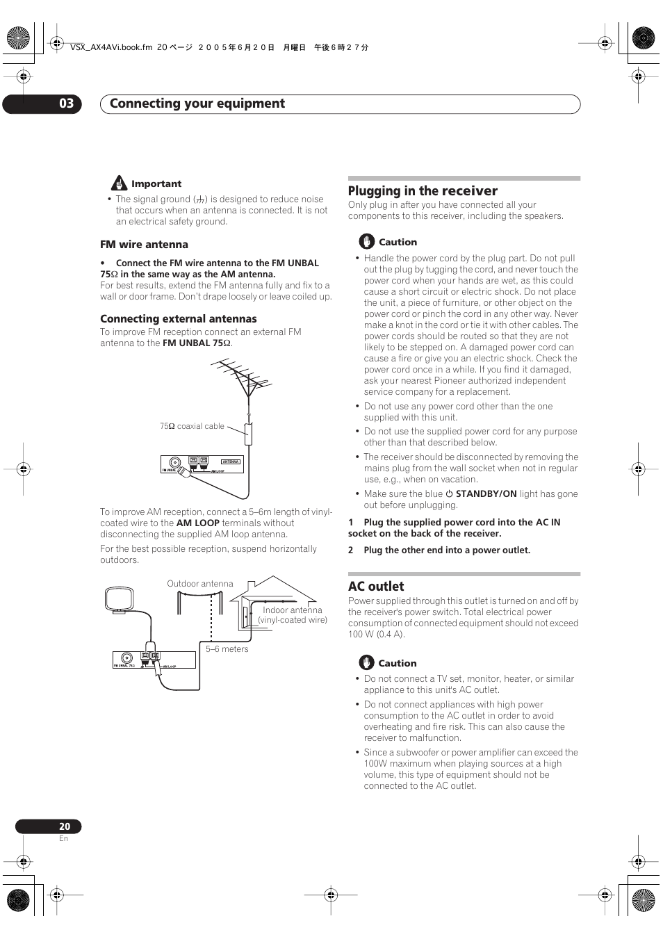 Connecting your equipment 03, Plugging in the receiver, Ac outlet | Pioneer 7.1 VSX-AX2AV-S User Manual | Page 20 / 88