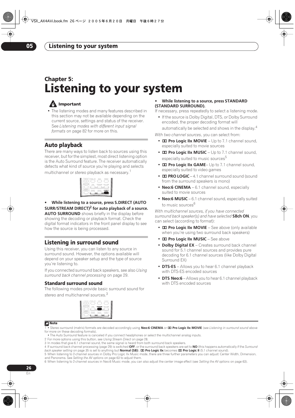 Listening to your system, Listening to your system 05, Chapter 5 | Auto playback, Listening in surround sound, Standard surround sound | Pioneer 7.1 VSX-AX2AV-S User Manual | Page 26 / 88