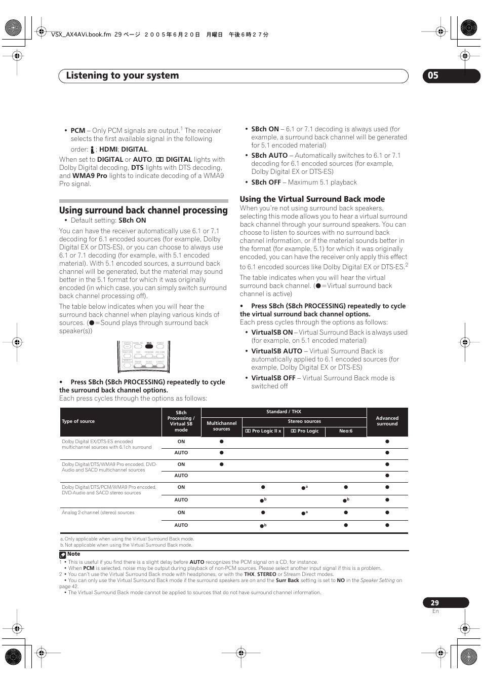 Listening to your system 05, Using surround back channel processing, Using the virtual surround back mode | Pioneer 7.1 VSX-AX2AV-S User Manual | Page 29 / 88