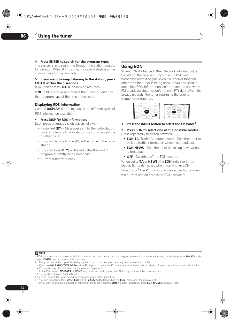 Using the tuner 06, Using eon | Pioneer 7.1 VSX-AX2AV-S User Manual | Page 32 / 88