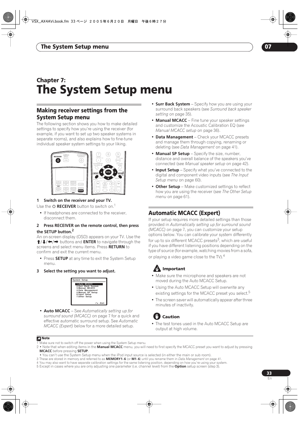 The system setup menu, The system setup menu 07, Chapter 7 | Automatic mcacc (expert) | Pioneer 7.1 VSX-AX2AV-S User Manual | Page 33 / 88