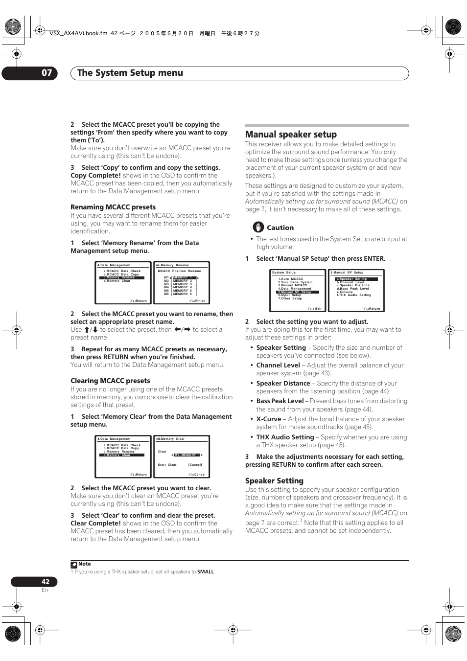 The system setup menu 07, Manual speaker setup, Speaker setting | Pioneer 7.1 VSX-AX2AV-S User Manual | Page 42 / 88