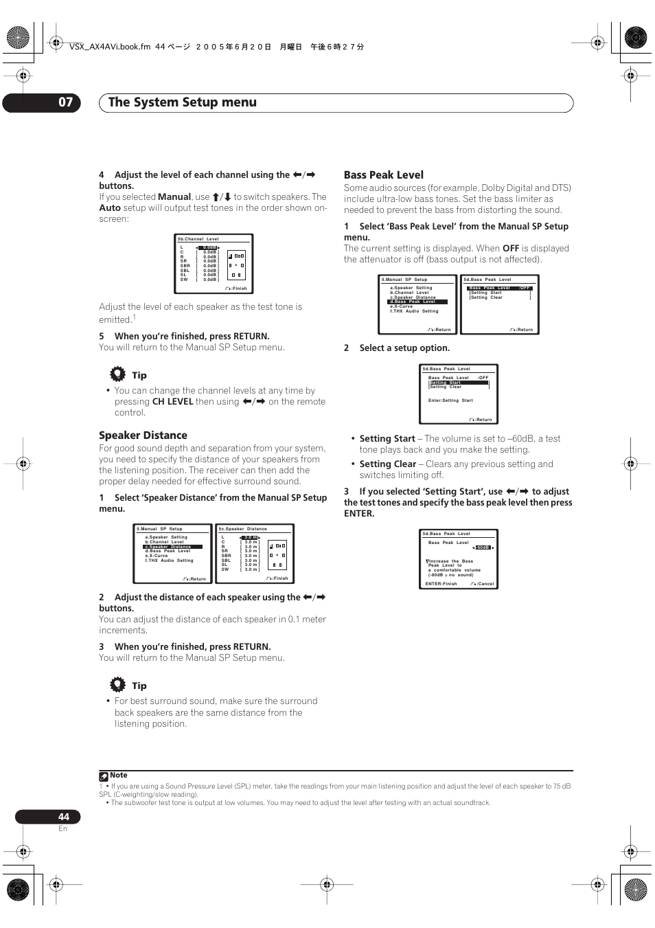 The system setup menu 07, Speaker distance, Bass peak level | Pioneer 7.1 VSX-AX2AV-S User Manual | Page 44 / 88