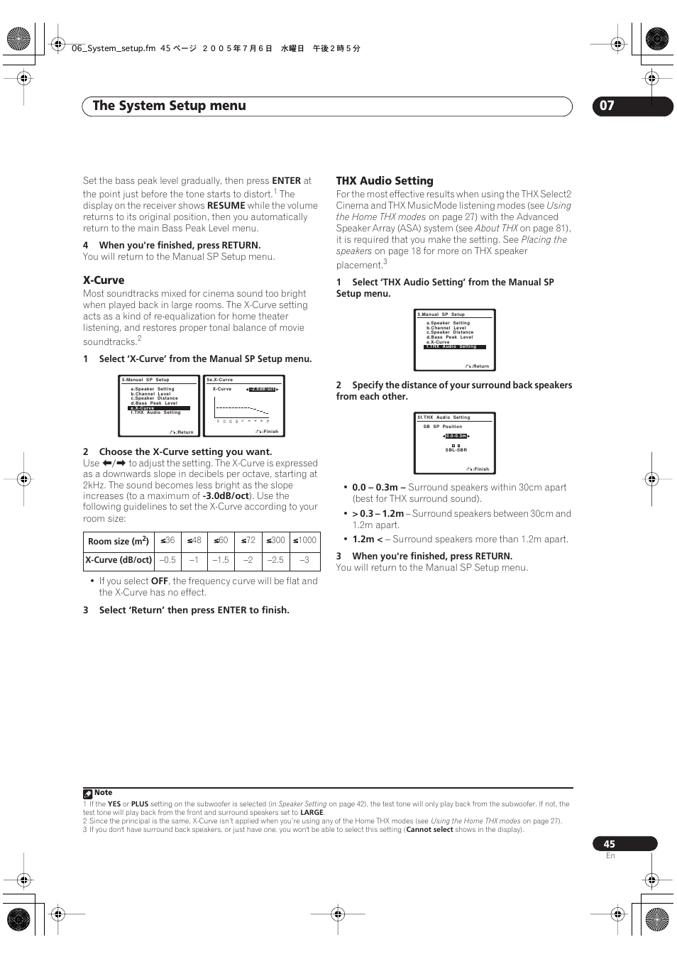 The system setup menu 07, X-curve, Thx audio setting | Pioneer 7.1 VSX-AX2AV-S User Manual | Page 45 / 88