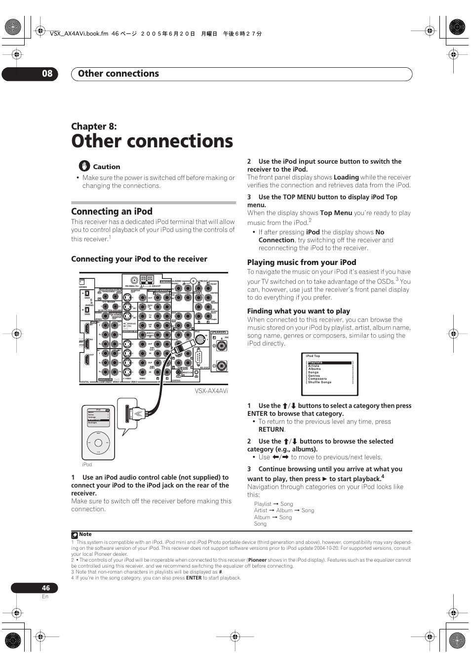 Other connections, Other connections 08, Chapter 8 | Connecting an ipod, Connecting your ipod to the receiver, Playing music from your ipod, Finding what you want to play, Caution, Ipod, Jack on the rear of the receiver | Pioneer 7.1 VSX-AX2AV-S User Manual | Page 46 / 88