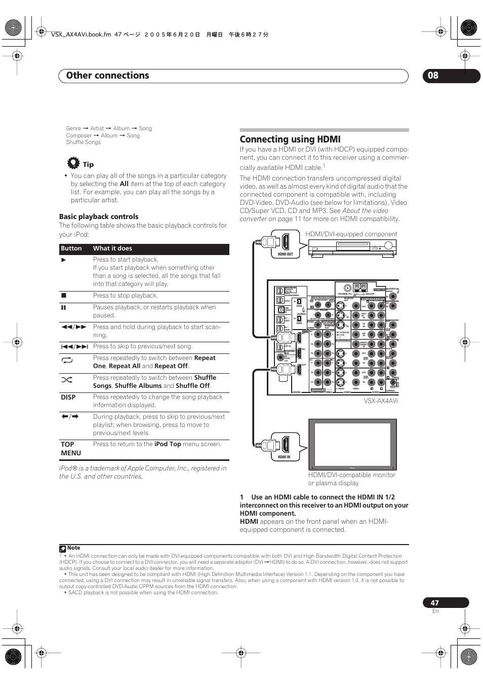 Other connections 08, Connecting using hdmi, Basic playback controls | About the video converter, On page 11 for more on hdmi compatibility, Hdmi, Disp, Top menu, Button what it does, Press to stop playback | Pioneer 7.1 VSX-AX2AV-S User Manual | Page 47 / 88
