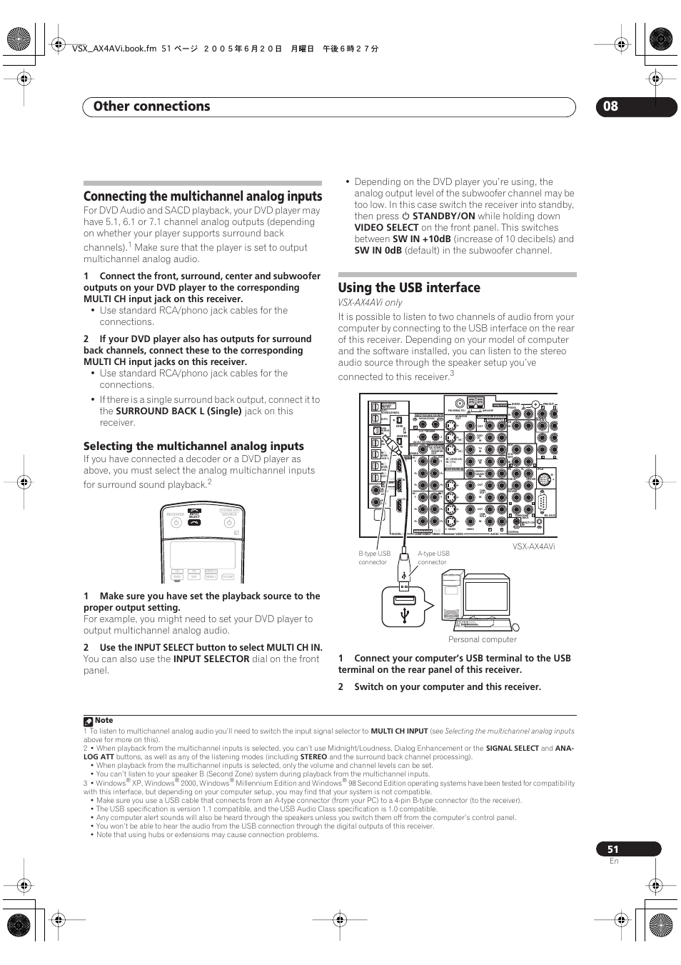 Other connections 08, Connecting the multichannel analog inputs, Using the usb interface | Selecting the multichannel analog inputs, Surround back l (single), Jack on this receiver, 2use the input select button to select multi ch in, You can also use the, Input selector, Standby/on | Pioneer 7.1 VSX-AX2AV-S User Manual | Page 51 / 88