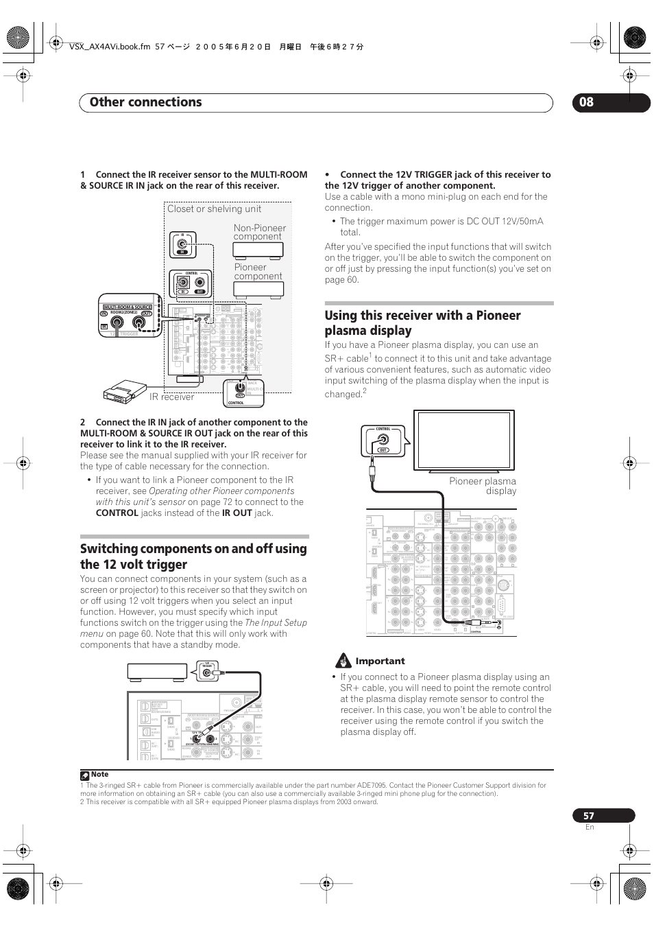 Other connections 08, Using this receiver with a pioneer plasma display, Closet or shelving unit | S - video in in in fr fl sub w. center, Sur- round surround back control, Out in out, Multi-room & source ir hdmi, Ir receiver, Non-pioneer component, Pioneer component | Pioneer 7.1 VSX-AX2AV-S User Manual | Page 57 / 88