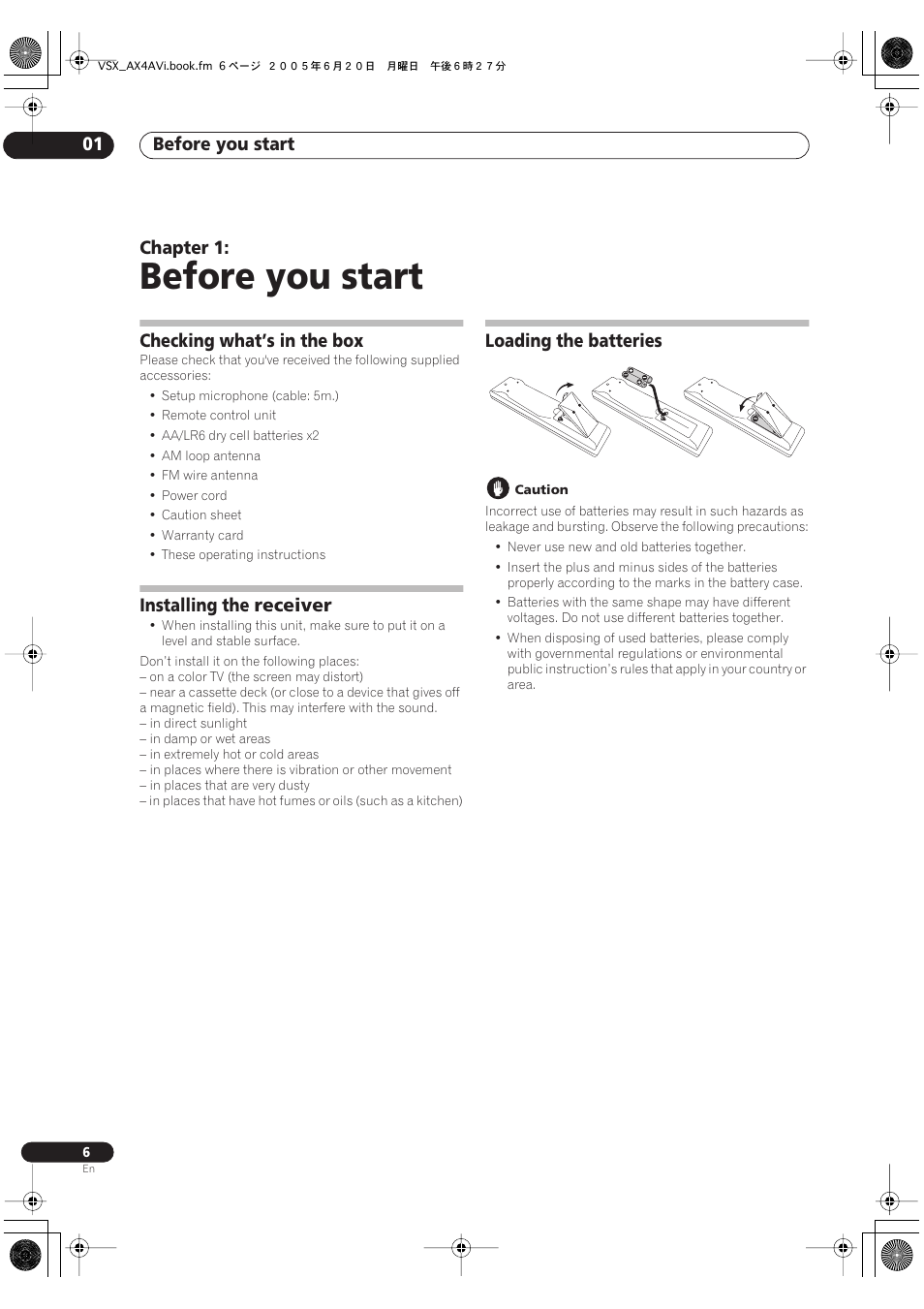 Before you start, Before you start 01, Chapter 1 | Checking what’s in the box, Installing the receiver, Loading the batteries | Pioneer 7.1 VSX-AX2AV-S User Manual | Page 6 / 88