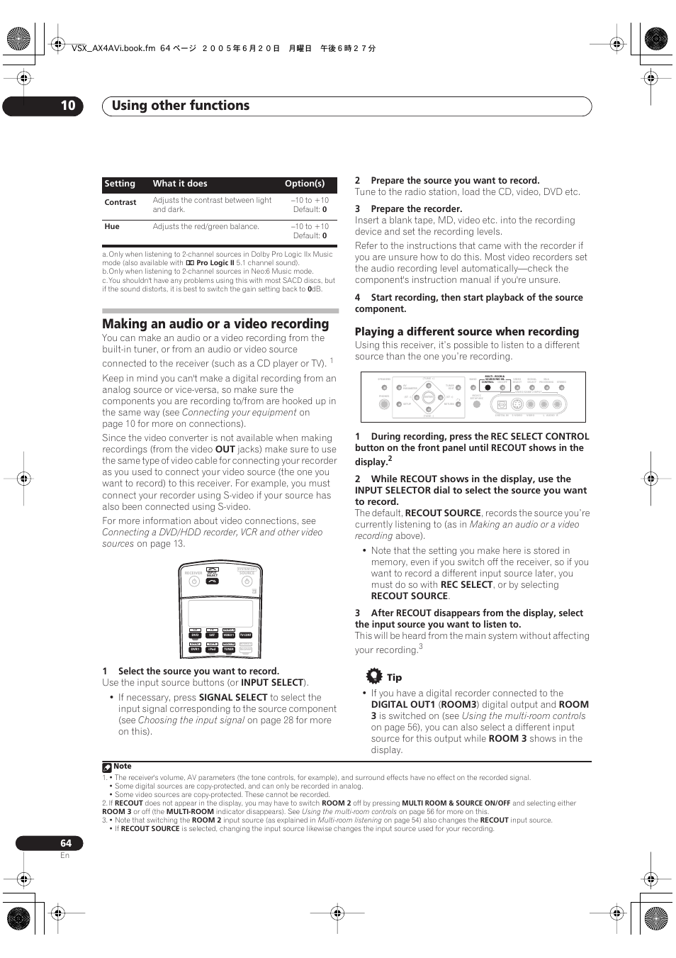 Using other functions 10, Making an audio or a video recording, Playing a different source when recording | Pioneer 7.1 VSX-AX2AV-S User Manual | Page 64 / 88