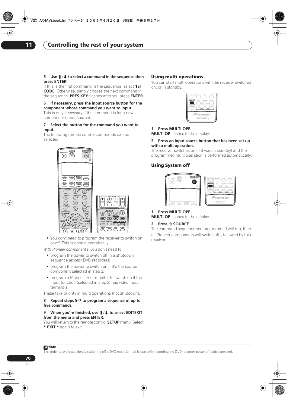 Controlling the rest of your system 11, Using multi operations, Using system off | 5use, Enter, 1st code, Pres key, Flashes after you press, With pioneer components, You will return to the remote control | Pioneer 7.1 VSX-AX2AV-S User Manual | Page 70 / 88