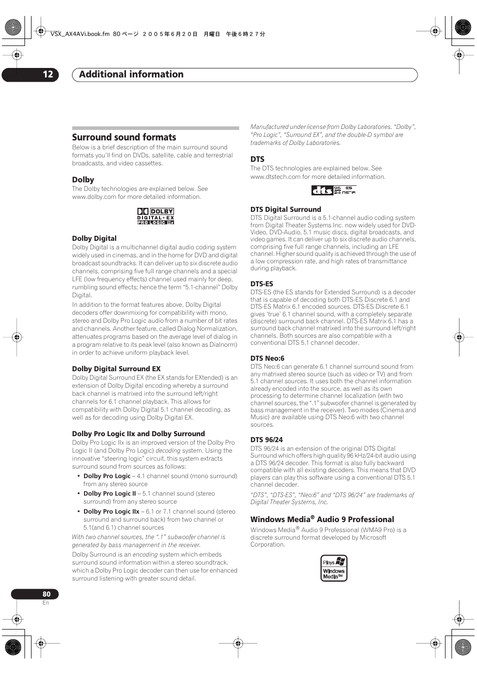 Additional information 12, Surround sound formats | Pioneer 7.1 VSX-AX2AV-S User Manual | Page 80 / 88