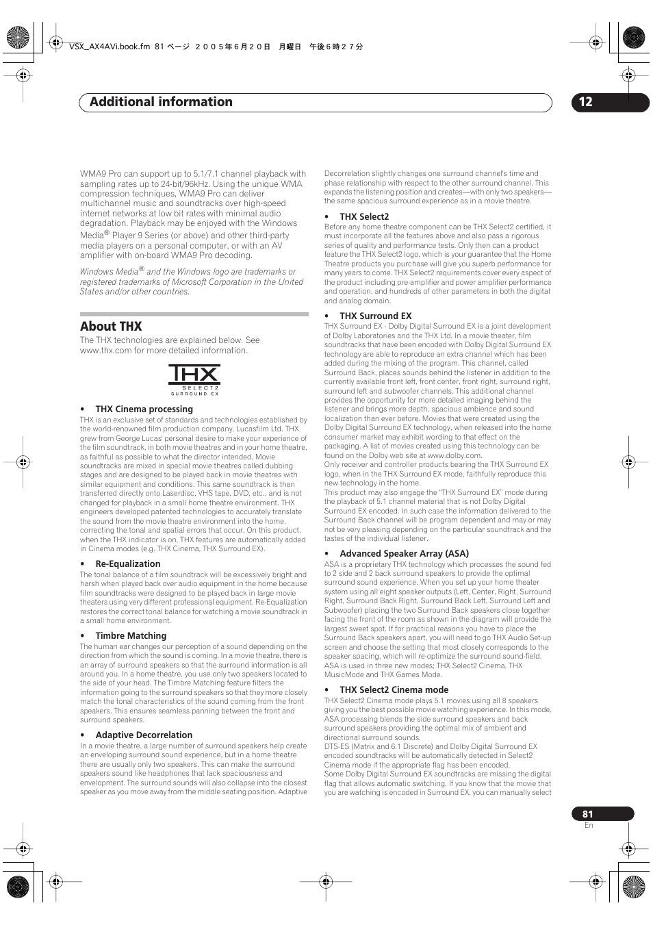 Additional information 12, About thx | Pioneer 7.1 VSX-AX2AV-S User Manual | Page 81 / 88